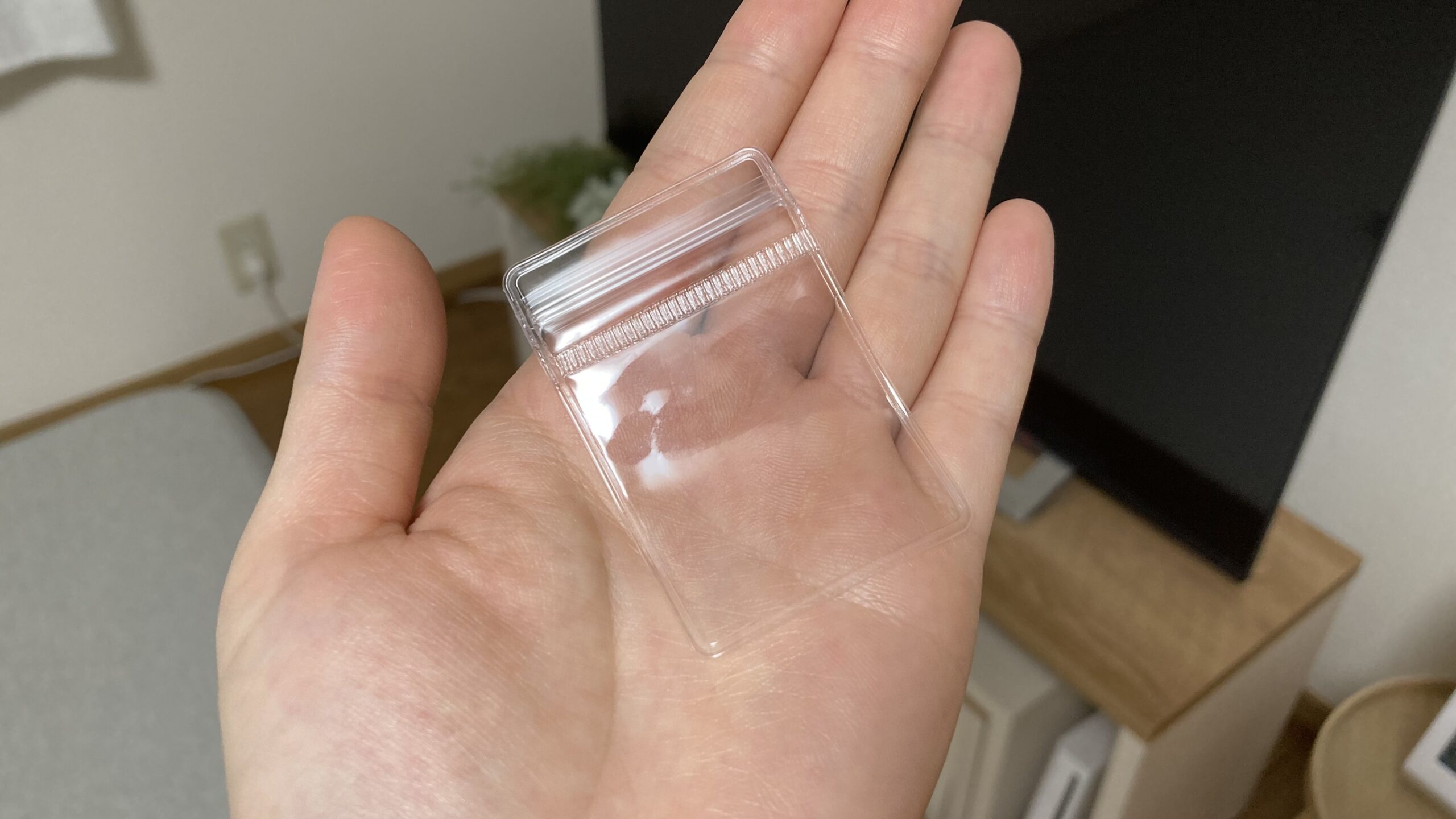 ダイソーのアクセサリー収納袋を1枚手のひらの上に乗せた様子